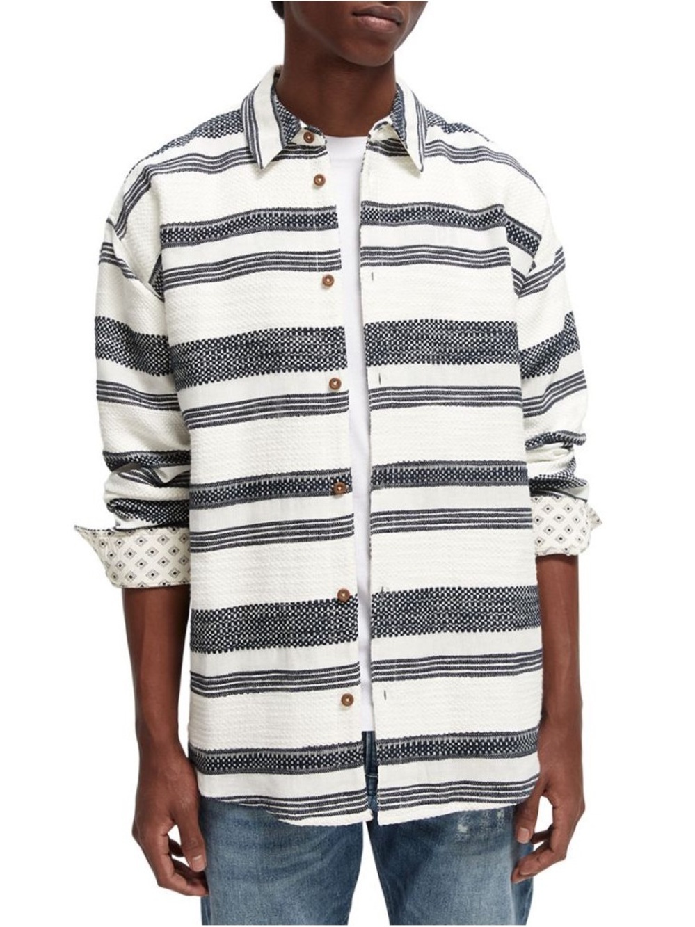 Scotch & Soda White and Navy Striped Casual Button-Down Shirt